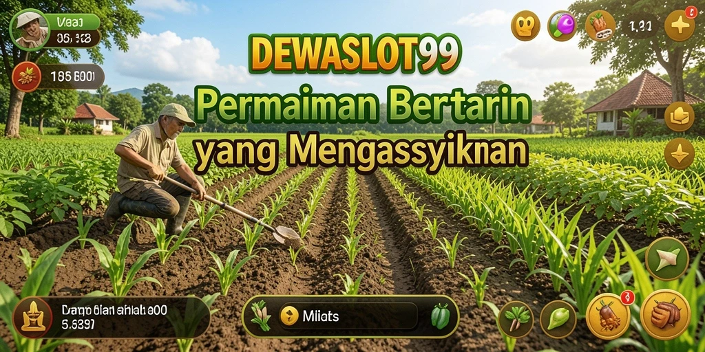 Tampilan gameplay DEWASLOT99 dengan ladang yang subur dan hewan ternak.