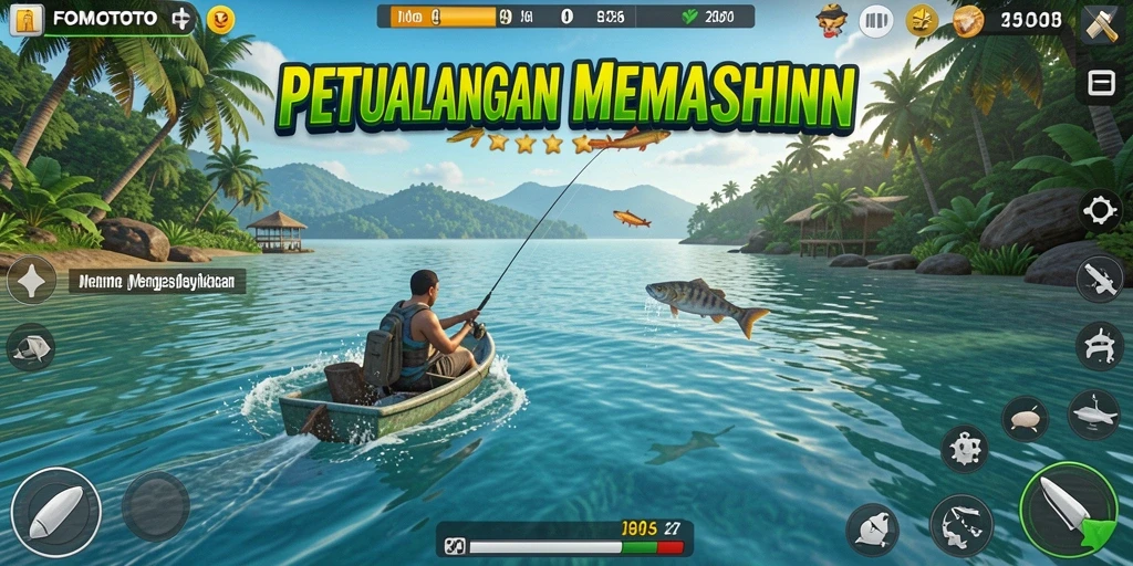 Gameplay FOMOTOTO dengan grafis memancing yang menarik.