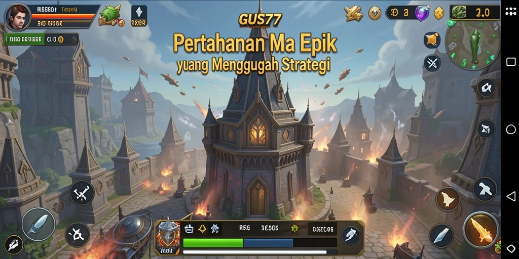 Tampilan gameplay GUS77 dengan menara yang indah dan musuh yang menyerang.