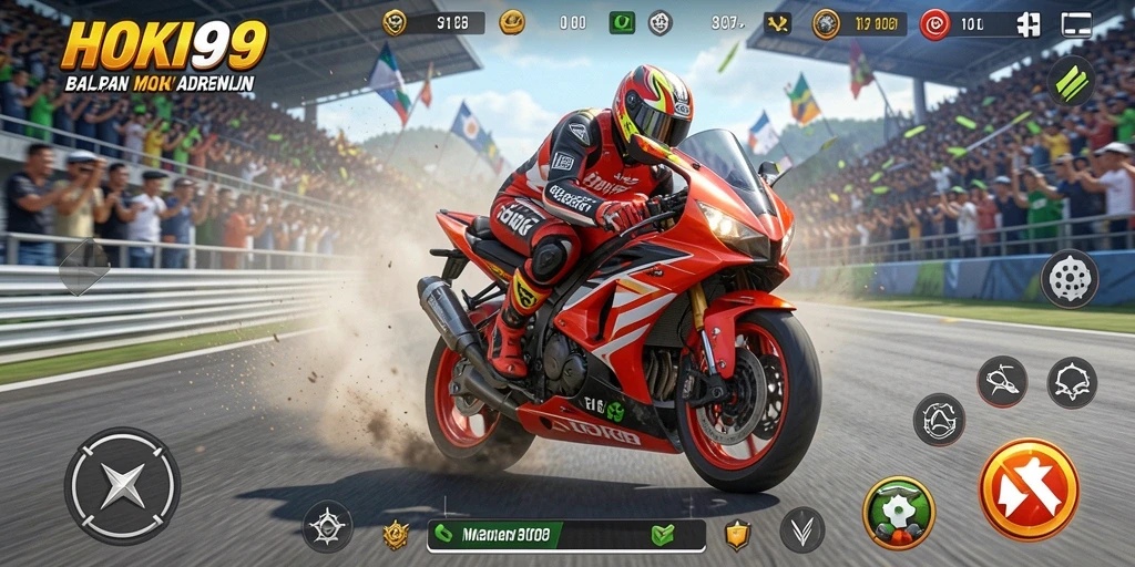 Tampilan seru gameplay HOKI99 dengan balapan motor di trek yang dinamis.