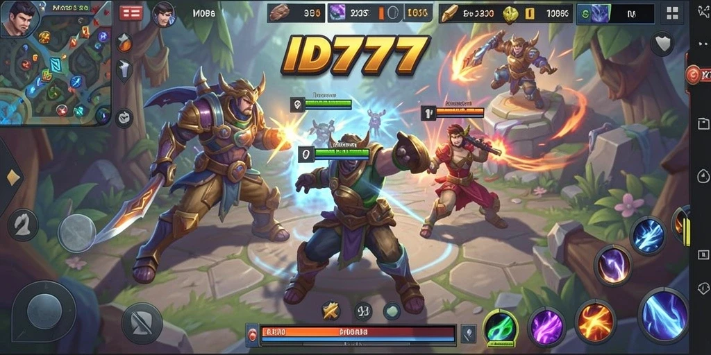 Screenshot gameplay ID777 menampilkan pertarungan seru antar karakter MOBA.