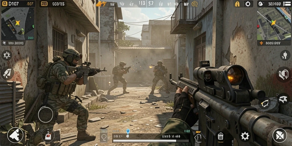 Screenshot gameplay SD107 menampilkan adu tembak yang seru dan grafis yang memukau.
